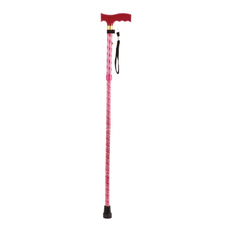 Extendable Plastic Handled Walking Stick With Engraved Pattern In Red
