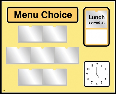 Picture Menu Board with Analogue Clock and Free Picture Library - Yellow