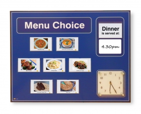 Picture Menu Board with Analogue Clock and Free Picture Library - Blue
